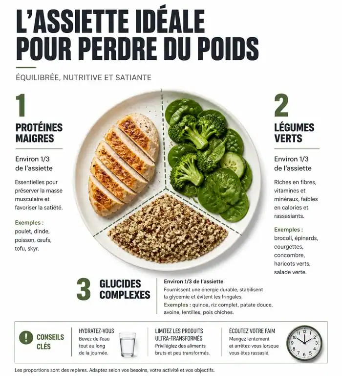 Composition d'une assiette équilibrée pour la perte de poids avec protéines, légumes et glucides