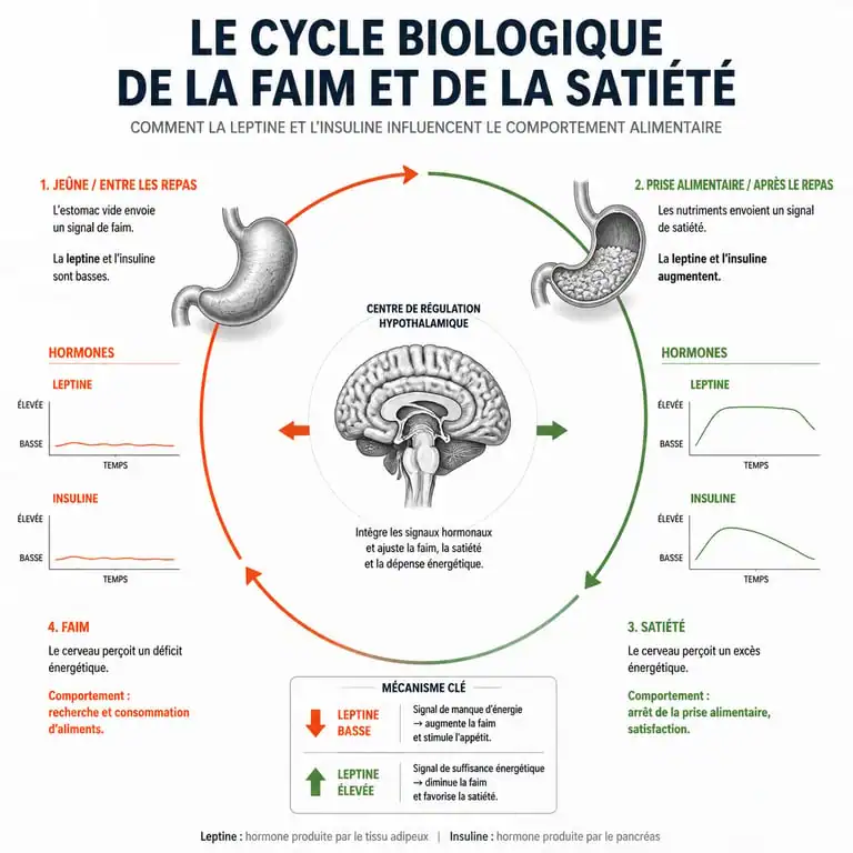 Schéma explicatif des mécanismes biologiques de la leptine et de l'insuline sur la faim et la volonté