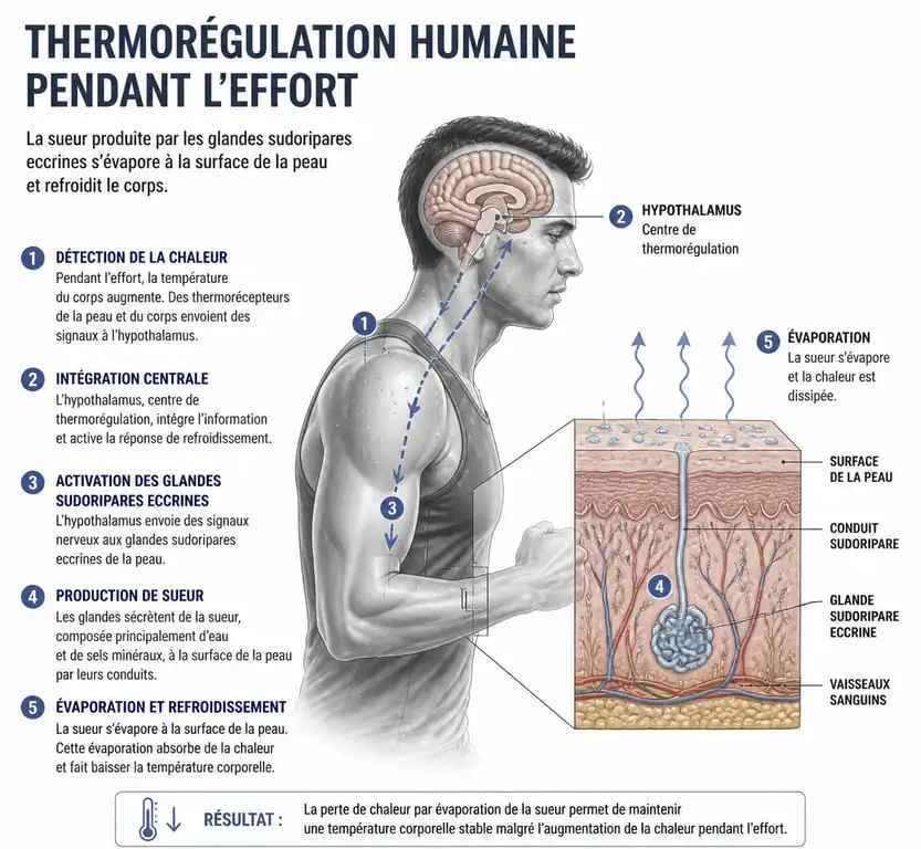Schéma explicatif des bienfaits de la transpiration et du mécanisme de thermorégulation pendant le sport