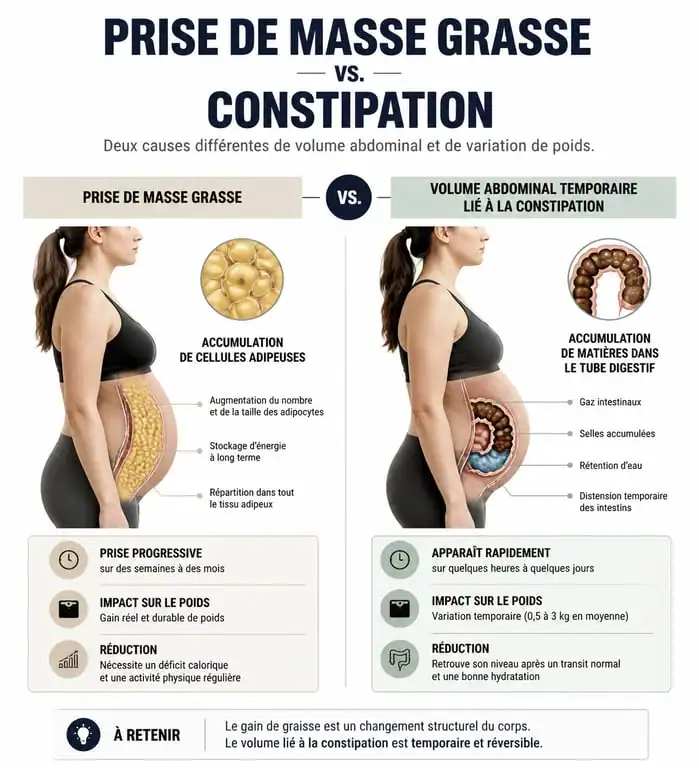 Infographie explicative sur la différence entre la prise de poids réelle et la constipation