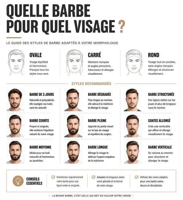 Infographie des styles de barbe homme selon la morphologie du visage pour choisir son style de barbe idéal