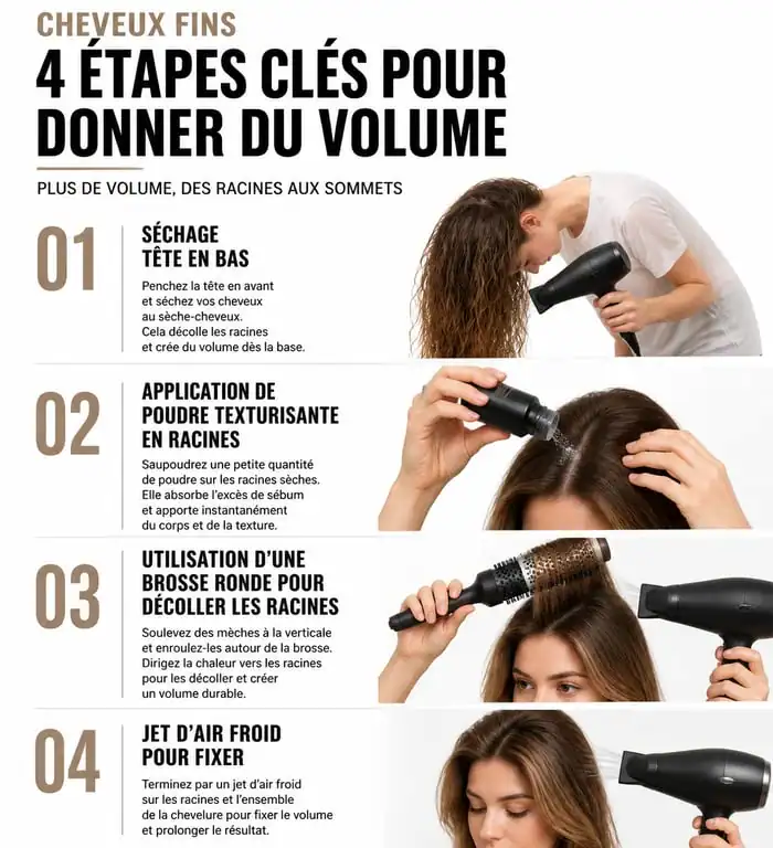 Infographie des étapes de coiffage pour donner du volume aux cheveux fins