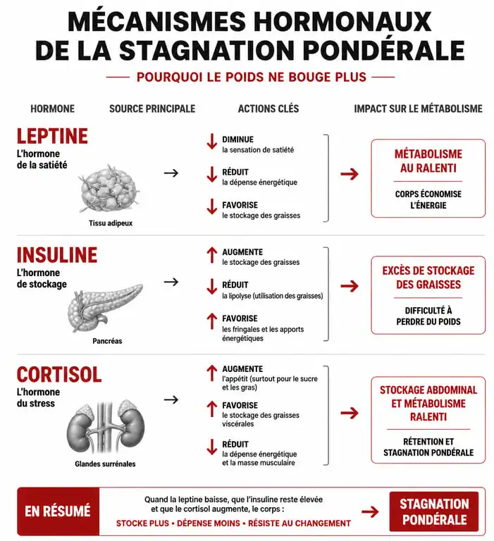 Infographie explicative des causes hormonales de la stagnation de la perte de poids