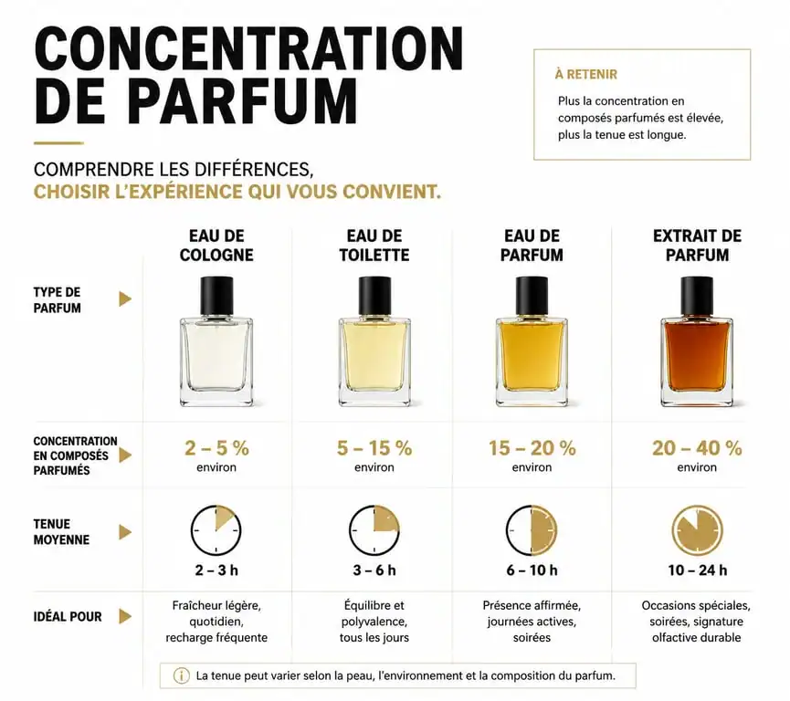 Infographie comparative des concentrations de parfum femme 2025 : Eau de Cologne, Eau de Toilette, Eau de Parfum et Extrait de Parfum