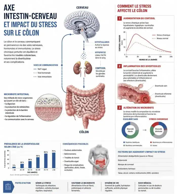 Schéma explicatif du lien entre stress et diverticulite : impact du cortisol sur le côlon et le microbiote.