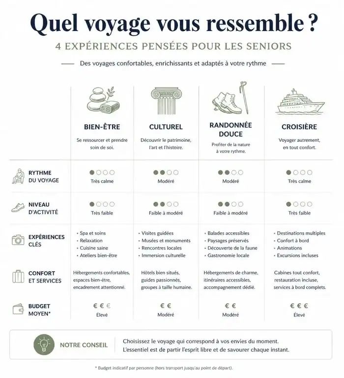 Infographie comparative des voyages organisés pour personnes seules de 70 ans