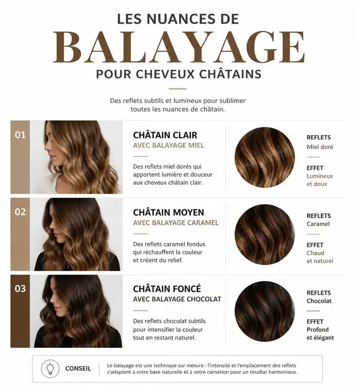Guide des nuances de balayage pour cheveux châtains : miel, caramel et chocolat pour sublimer votre couleur naturelle.