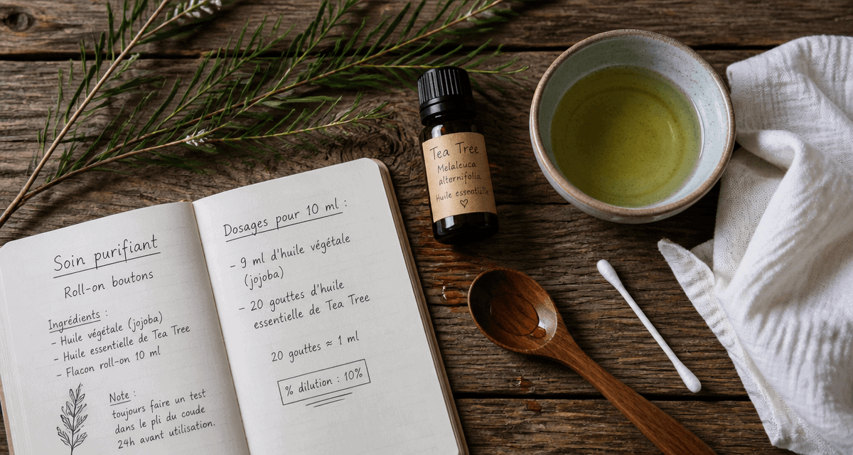 huile essentielle tea tree utilisation flacon et feuilles