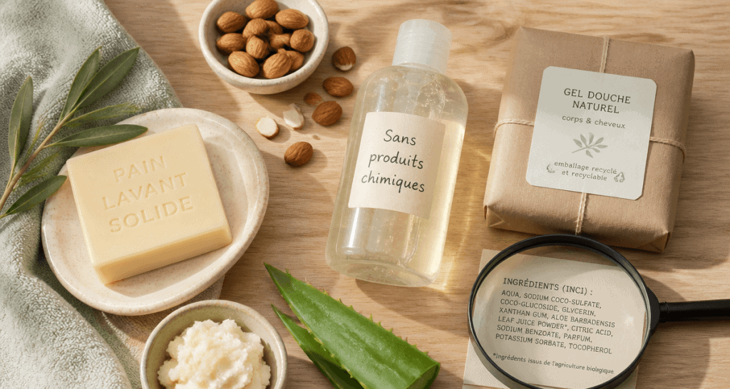 meilleur gel douche sans produits chimiques sur table bois avec ingrédients naturels