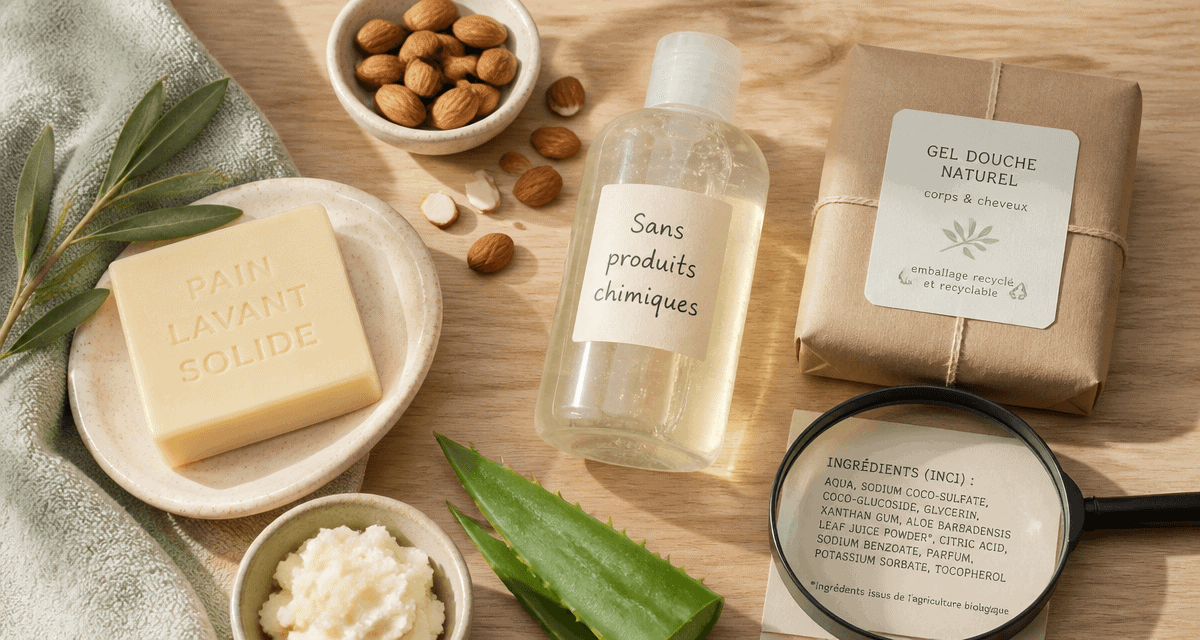 meilleur gel douche sans produits chimiques sur table bois avec ingrédients naturels