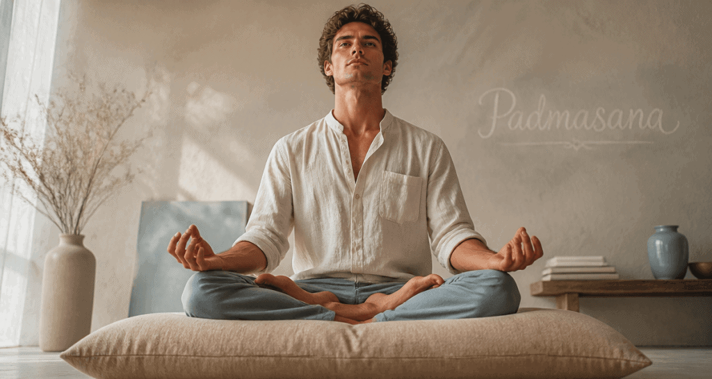 Padmasana position sur coussin dans studio lumineux