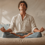 Padmasana position sur coussin dans studio lumineux