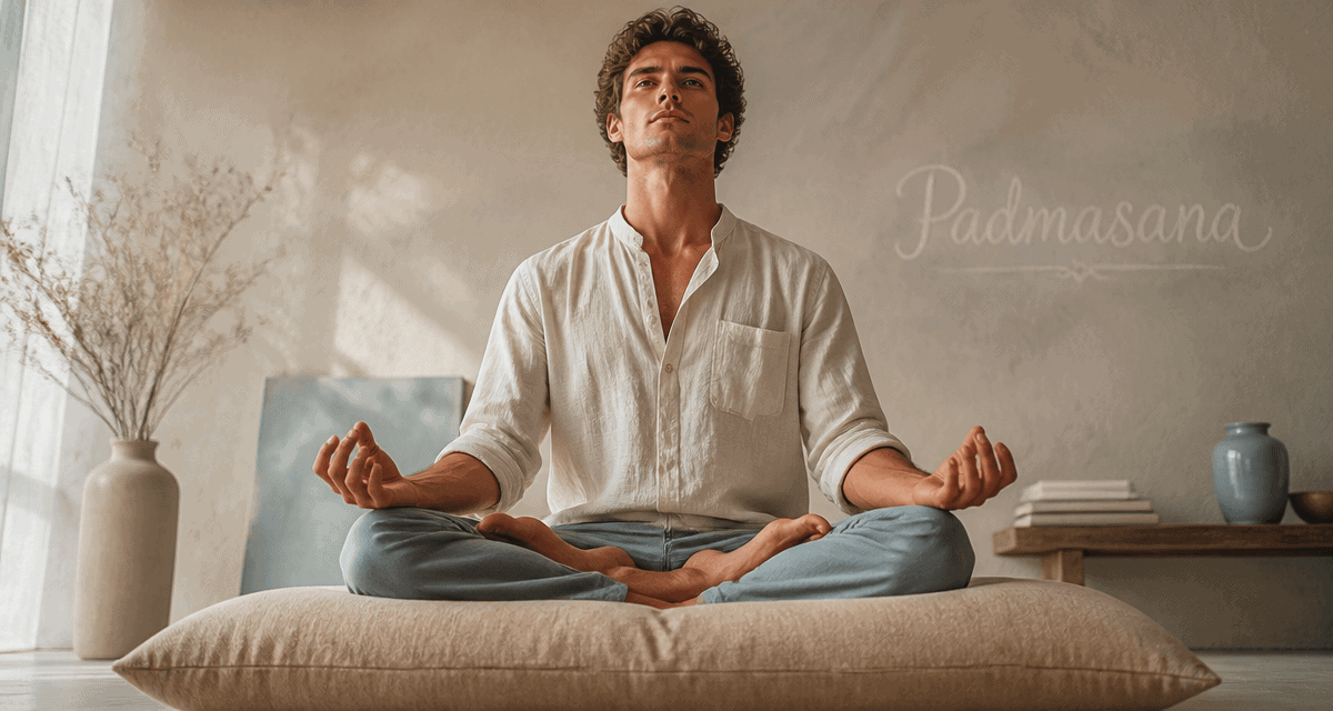 Padmasana position sur coussin dans studio lumineux