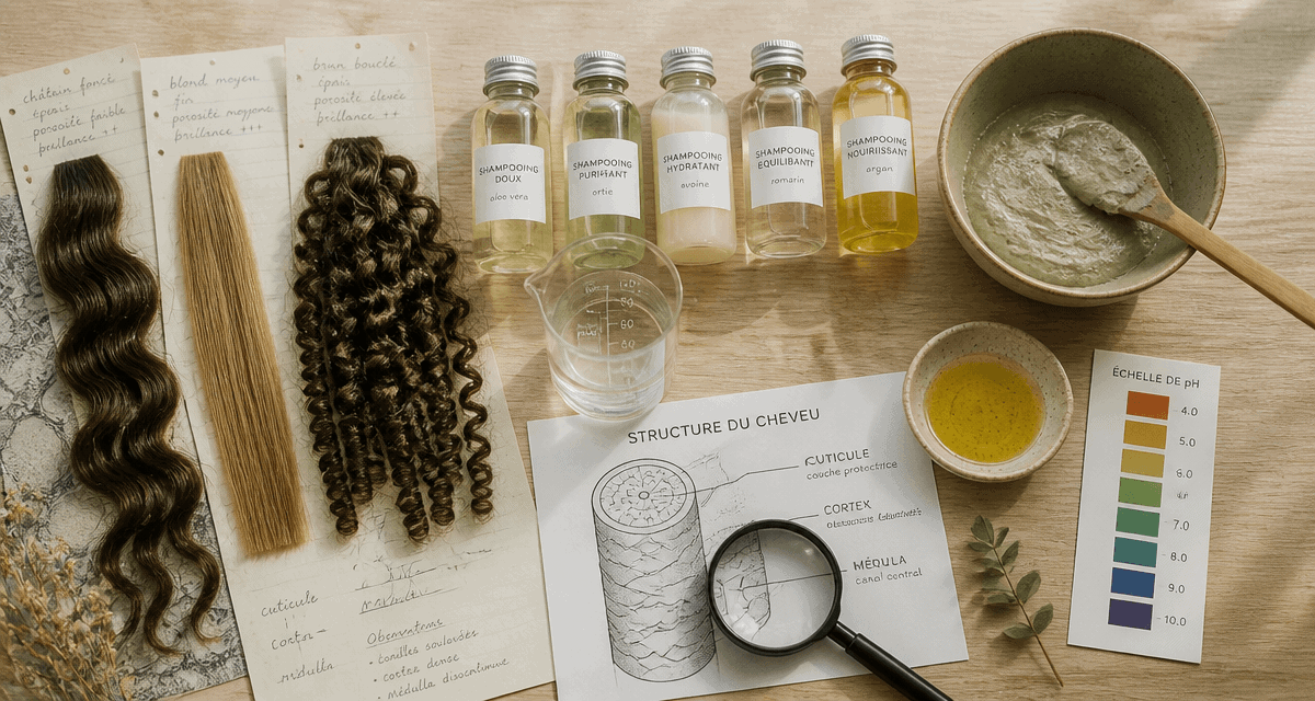 Quel shampoing choisir flat lay analyse cheveux et produits
