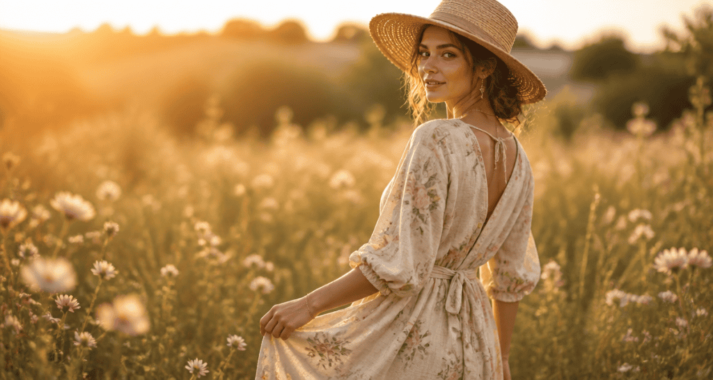 tenue champetre femme robe lin prairie fleurs