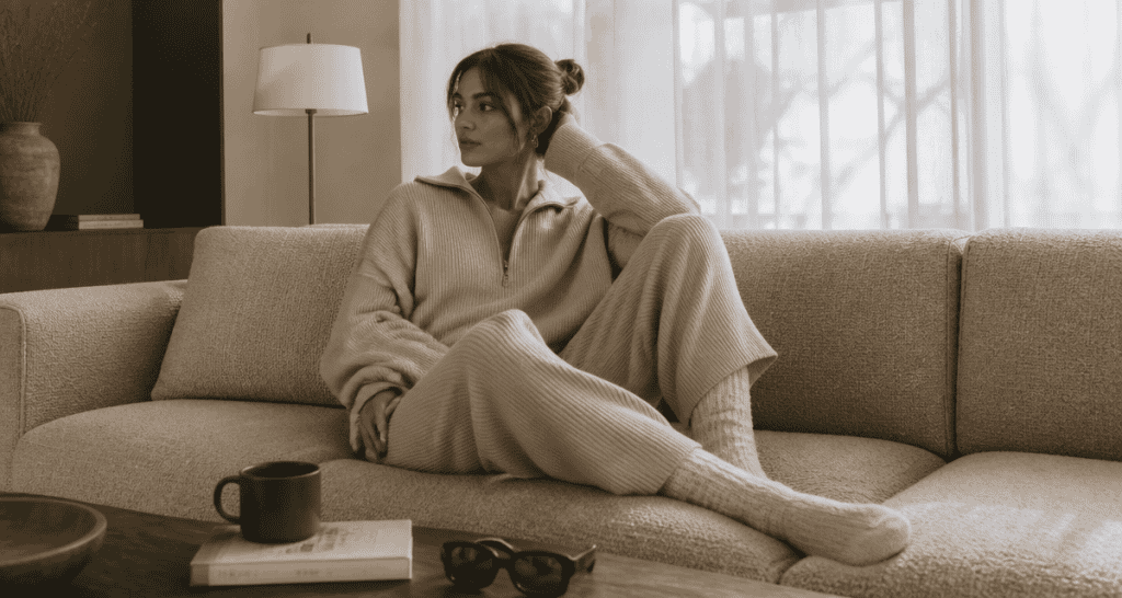 tenue chill femme ensemble maille canapé
