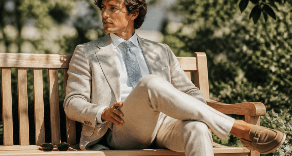 tenue mariage homme été costume lin beige jardin