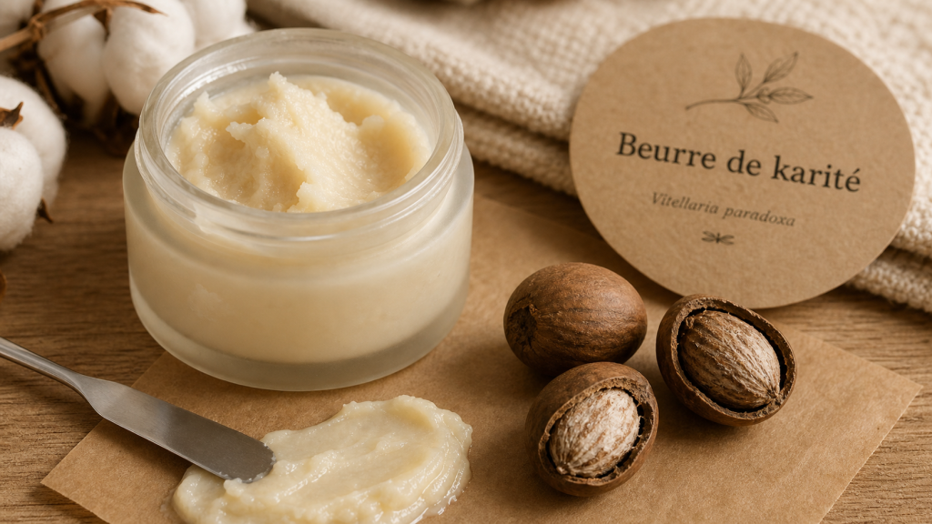 Beurre de karité utilisation : pot, spatule et noix pour conservation