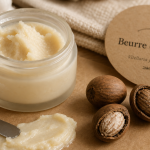 Beurre de karité utilisation : pot, spatule et noix pour conservation