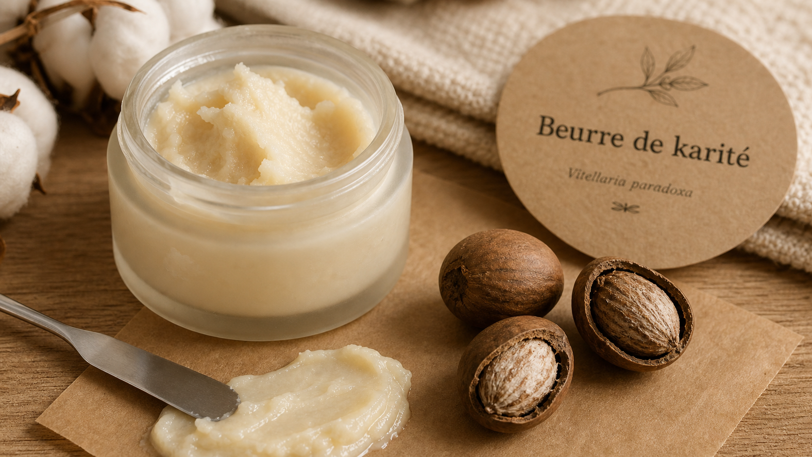 Beurre de karité utilisation : pot, spatule et noix pour conservation