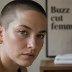 Buzz cut femme 3 à 6 mm, visage révélé, regard caméra