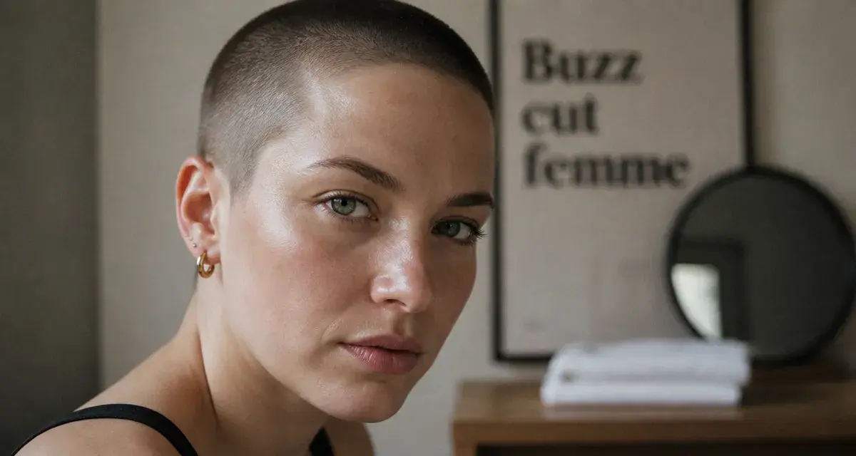 Buzz cut femme 3 à 6 mm, visage révélé, regard caméra