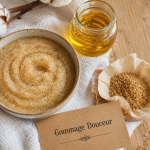 Comment faire un gommage corps au sucre et miel maison, bol et gommage beige