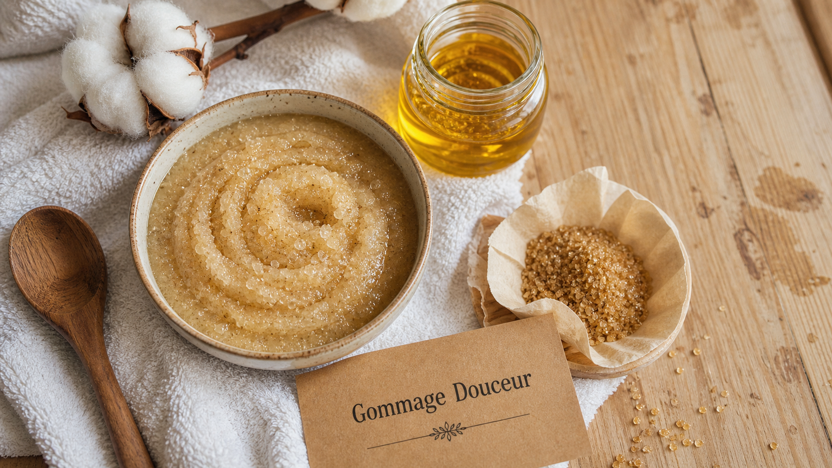 Comment faire un gommage corps au sucre et miel maison, bol et gommage beige