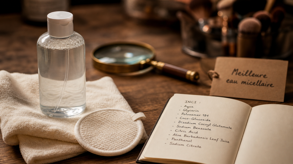 Eau micellaire meilleure : flacon et coton sur table