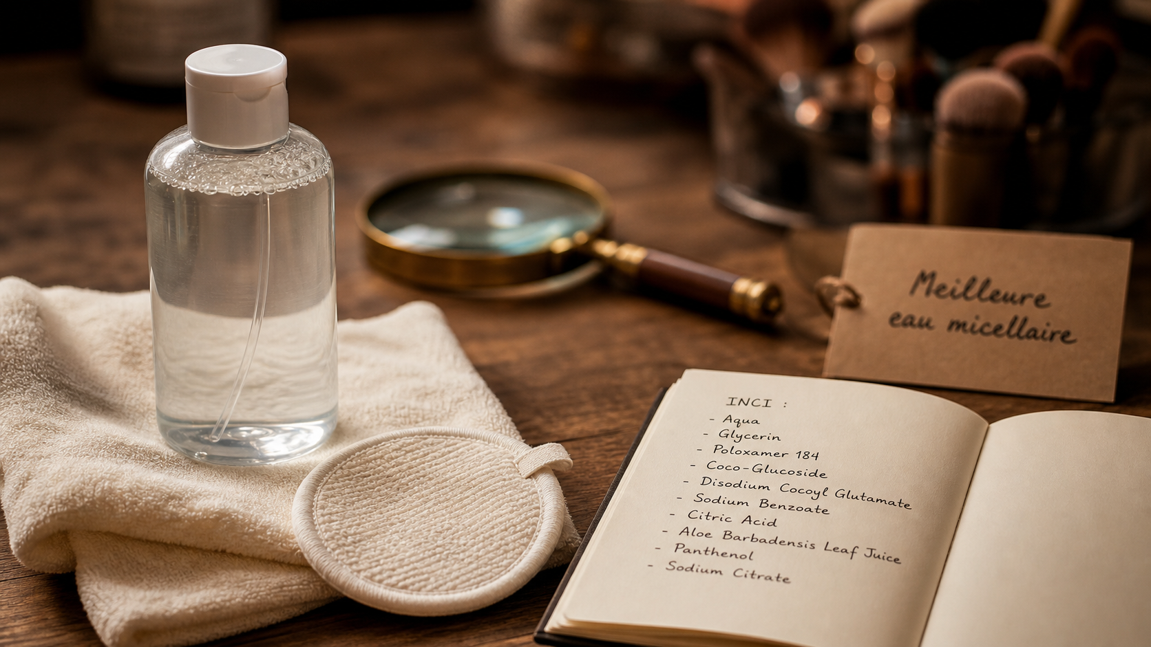 Eau micellaire meilleure : flacon et coton sur table
