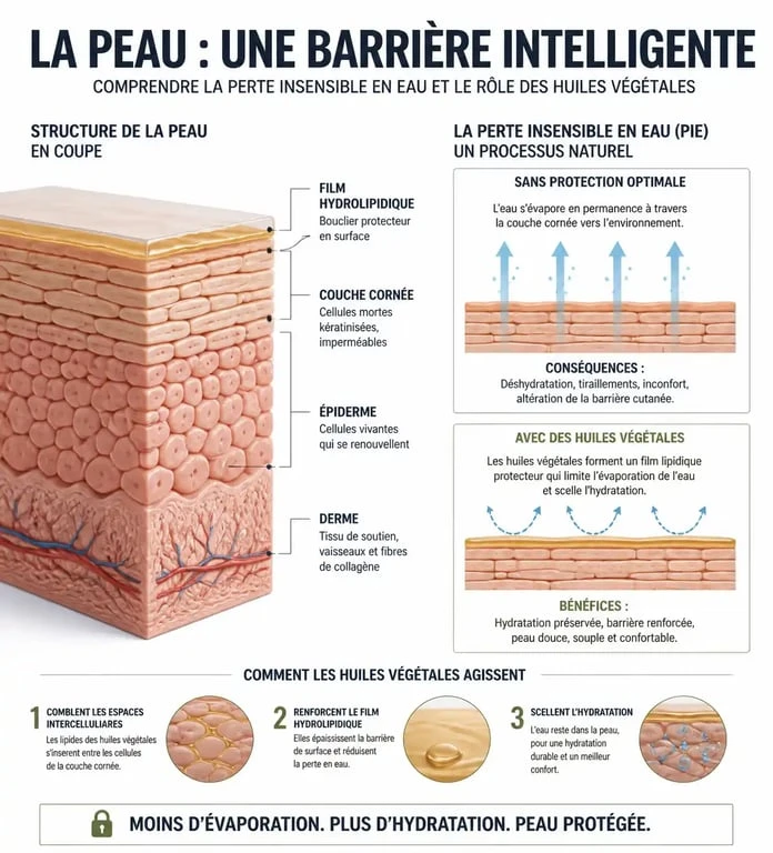 Schéma explicatif du film hydrolipidique et de l'hydratation de la peau sans crème