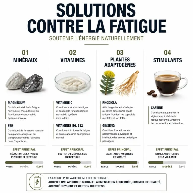 Infographie des différentes solutions médicamenteuses et naturelles contre la fatigue