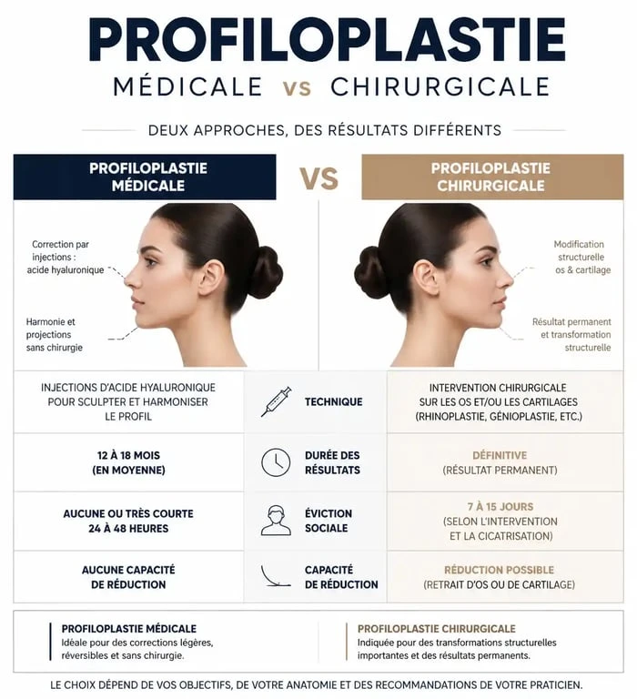 Infographie comparative des techniques de profiloplastie médicale et chirurgicale