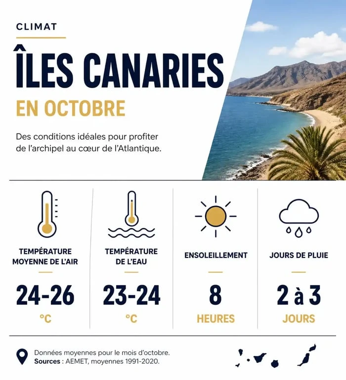 Infographie météo des Canaries en octobre : températures et ensoleillement pour préparer son voyage
