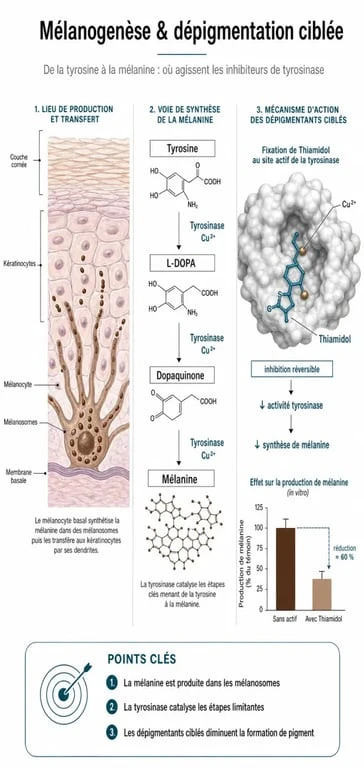 Schéma explicatif du fonctionnement des actifs dans le meilleur correcteur tache brune pour réduire l'hyperpigmentation