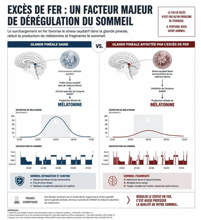 Schéma explicatif de l'impact de l'hémochromatose et de la surcharge en fer sur la qualité du sommeil et la mélatonine