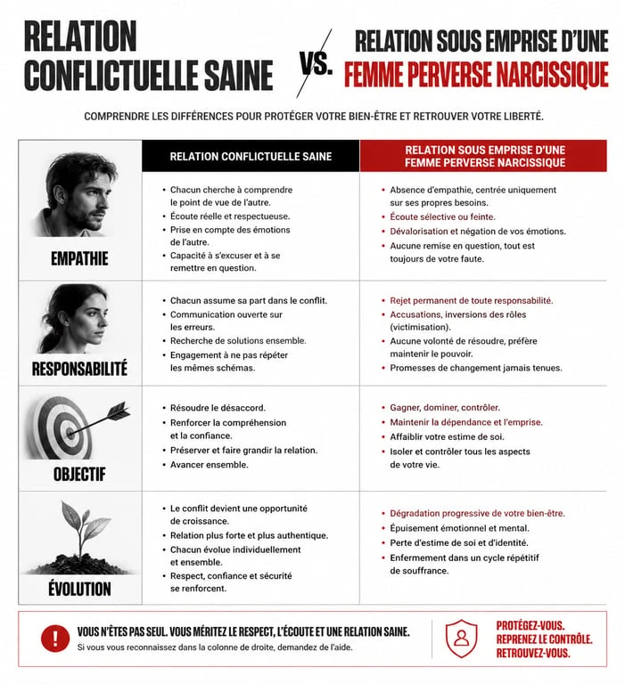 Infographie comparative des signes distinctifs d'une femme perverse narcissique par rapport à une relation conflictuelle classique.