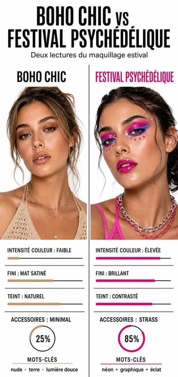 Infographie comparative des styles de maquillage hippie : Boho Chic vs Festival Psychédélique