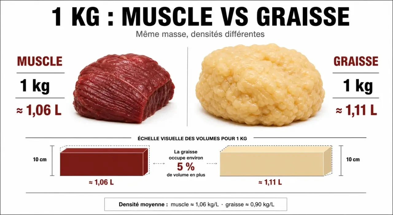 Comparaison visuelle du volume entre muscle et graisse pour comprendre pourquoi on s'affine sans perdre de poids