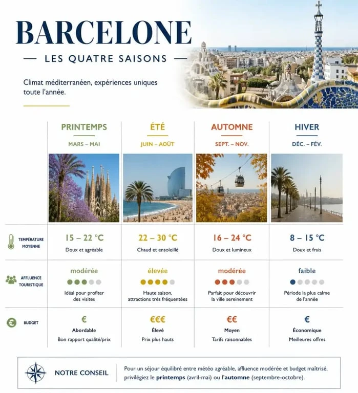 Infographie sur le climat et l'affluence à Barcelone pour choisir quand partir