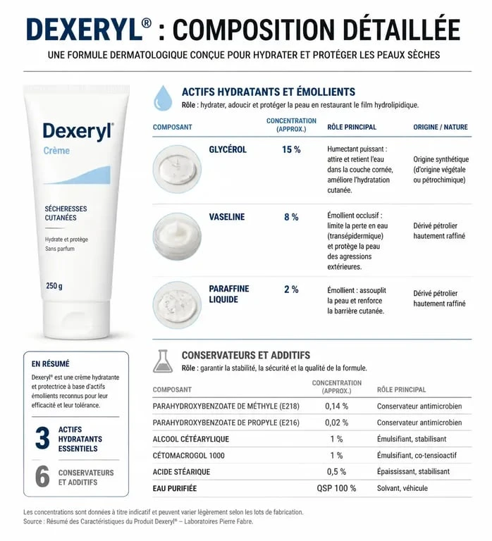 Infographie sur la composition et les risques potentiels de la crème Dexeryl pour la santé