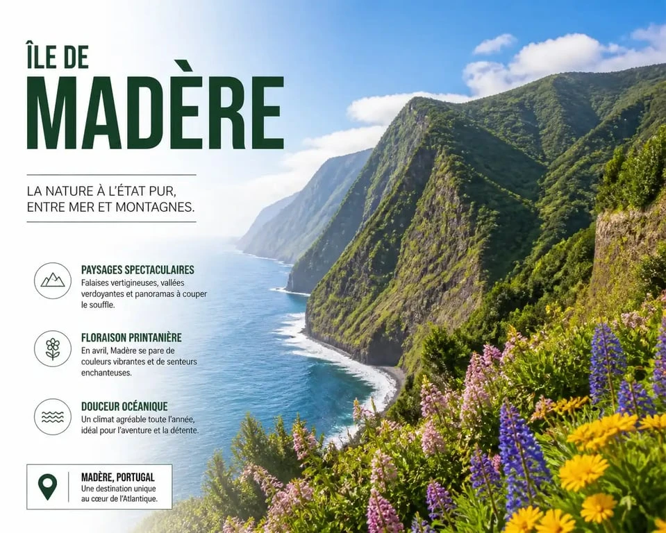 Paysage printanier à Madère en avril avec fleurs et falaises