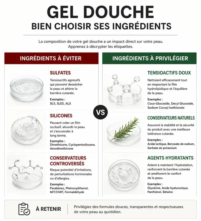 Infographie comparative pour bien choisir son gel douche : ingrédients à éviter versus ingrédients à privilégier pour la santé de la peau.