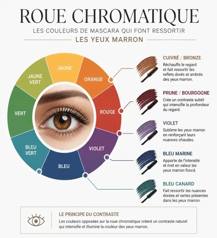 Infographie montrant quelle couleur de mascara choisir pour les yeux marrons selon la colorimétrie