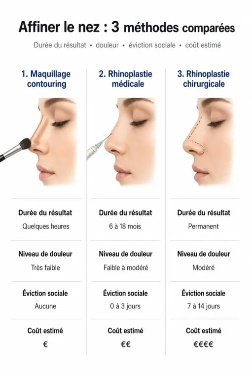 Infographie comparative des méthodes pour affiner son nez : maquillage, rhinoplastie médicale et chirurgie