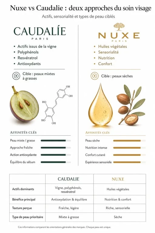 Comparatif des marques de cosmétiques Nuxe et Caudalie : choisir entre Nuxe ou Caudalie selon son type de peau et ses besoins.