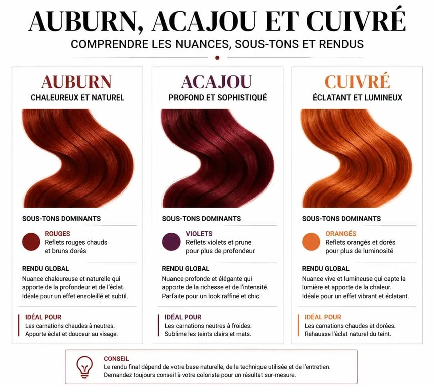 Comparatif des nuances de cheveux auburn cuivré, acajou et roux pour choisir sa coloration