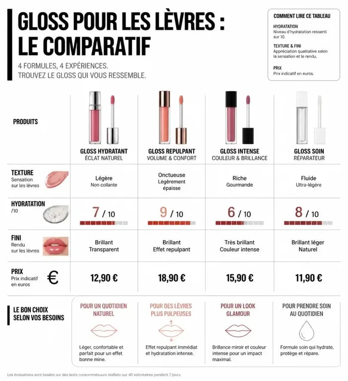 Infographie comparative des meilleurs gloss pour les lèvres : critères de choix pour trouver le meilleur gloss.