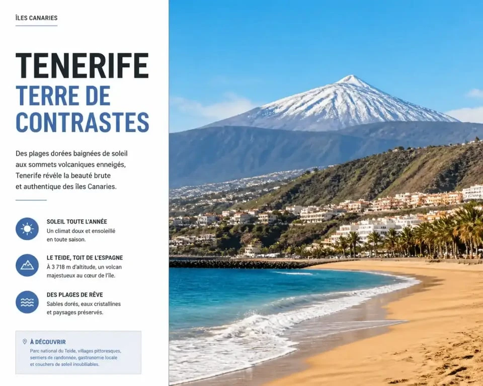 Paysage contrasté de Tenerife en février avec plage ensoleillée et volcan Teide enneigé