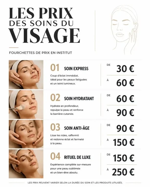 Infographie comparative des prix des soins du visage en institut selon le type de prestation